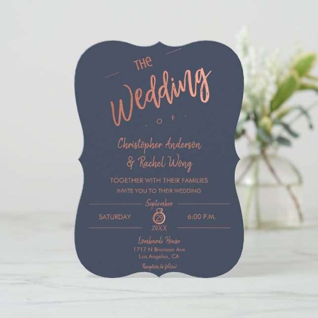 Custom Navy Blue Simple Script Rose Gold Wedding Invitation (Standing Front)
