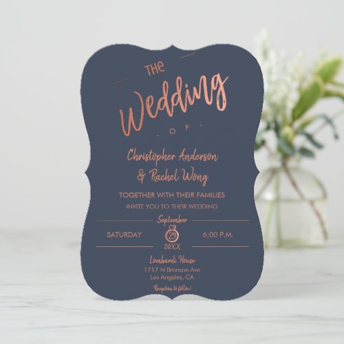Custom Navy Blue Simple Script Rose Gold Wedding Invitation