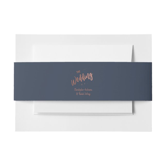 Custom Navy Blue Simple Script Rose Gold Wedding Invitation Belly Band (Front Example)