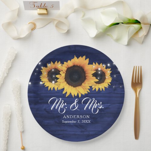 Custom Navy Blue Sunflower Rustic Wood Wedding Paper Plates