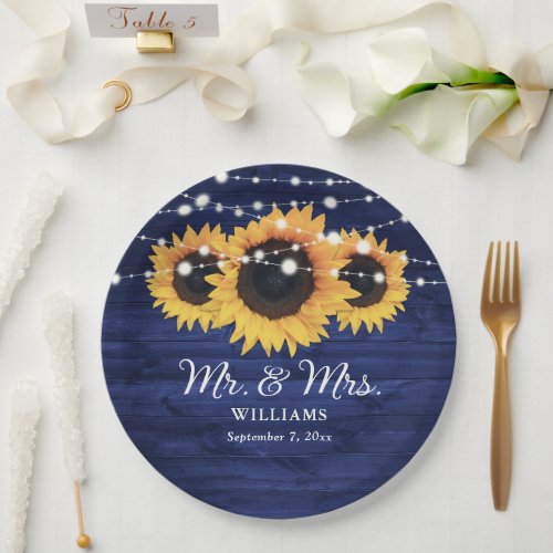 Custom Navy Blue Sunflower Rustic Wood Wedding Paper Plates