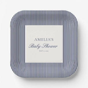 Custom Navy Blue Ticking Stripe Preppy Baby Shower Paper Plates