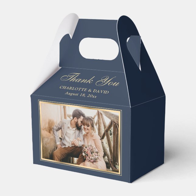 Custom Navy Blue Wedding Photo Thank You Favor Boxes (Front Side)