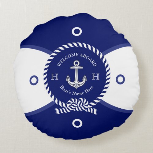 Custom Navy Blue White Anchor Life Ring Nautical Round Pillow