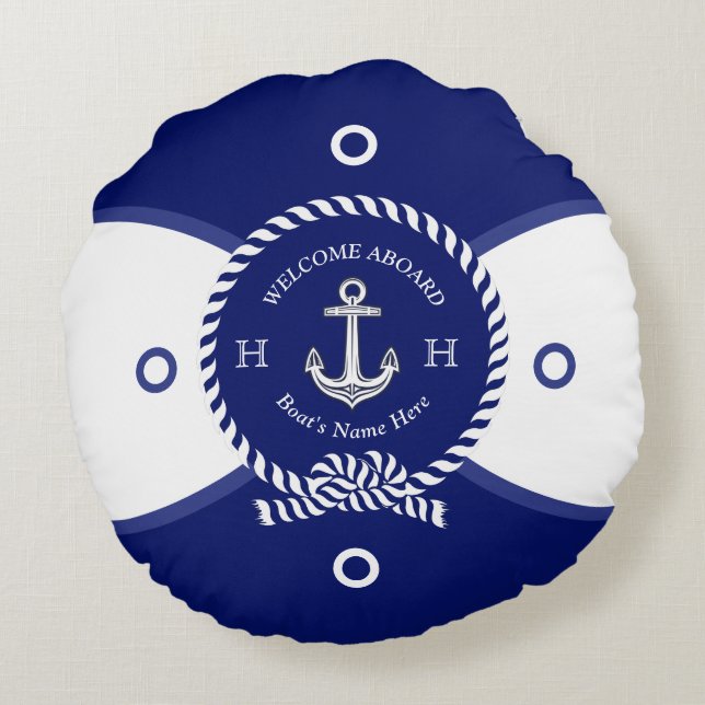 Custom Navy Blue White Anchor Life Ring Nautical Round Pillow (Back)