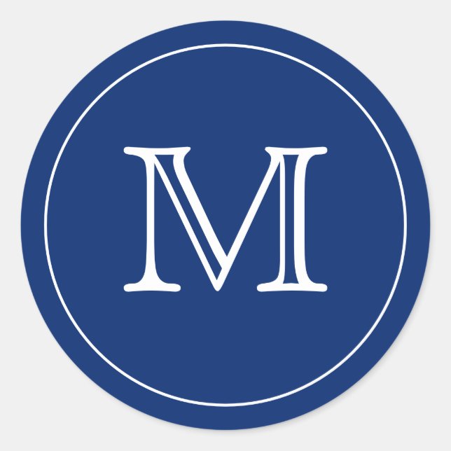Custom NAVY BLUE WHITE Monogram Letter Classic Round Sticker (Front)