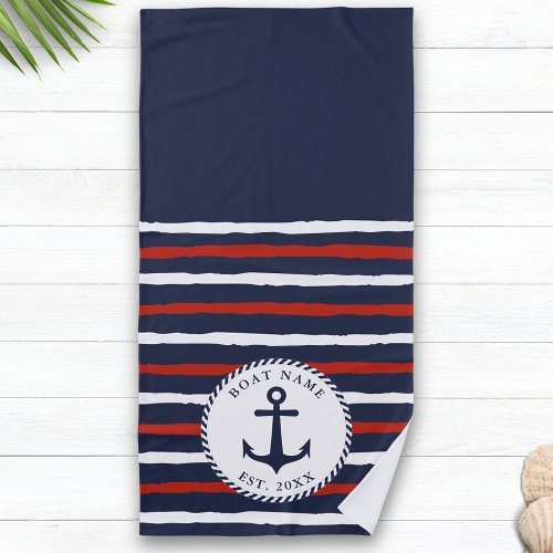Custom Navy Blue White Red Stripes Anchor Nautical Beach Towel