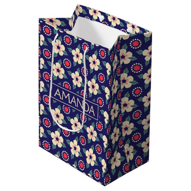 Custom Navy Blue with Cream Flowers Gift Bag  (Front Angled)