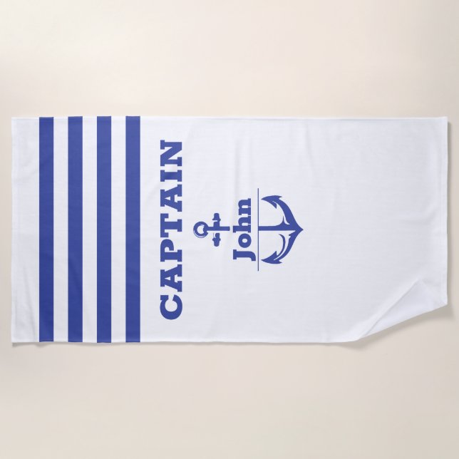 Custom Navy Captain with Personalized Name Beach Towel (Front)