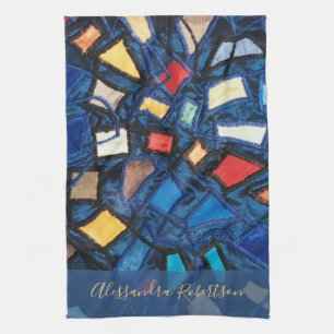 Custom Navy Colorful Stained Glass Look Abstract  Kitchen Towel
