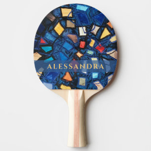 Custom Navy Colorful Stained Glass Look Abstract Ping Pong Paddle