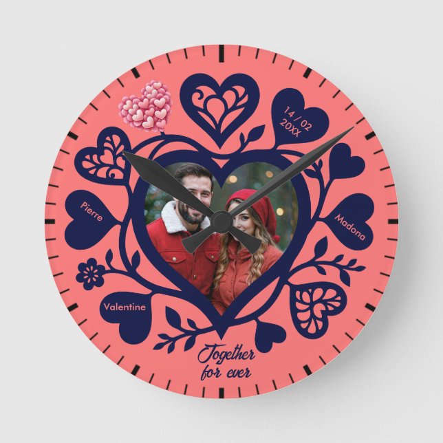 Custom Navy Coral Photo Heart Clock (Front)