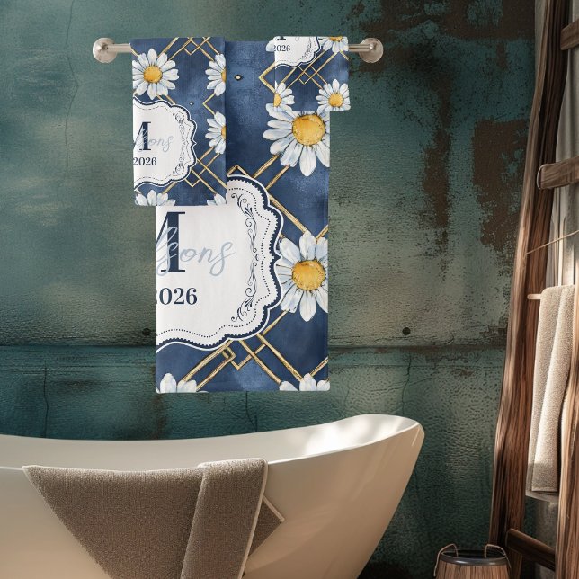 Custom Navy Daisy Gingham Monogram Decor Bath Towel Set (Creator Uploaded)