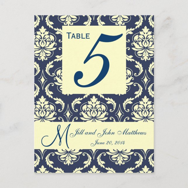 Custom Navy Damask Wedding Table Number (Front)