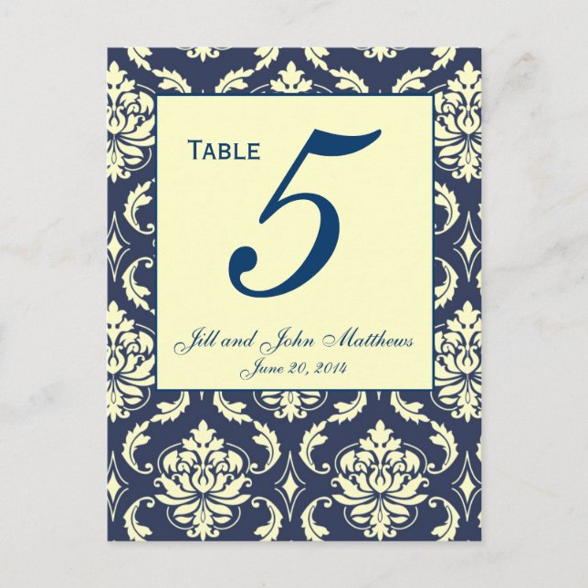 Custom Navy Damask Wedding Table Number 2 (Front)