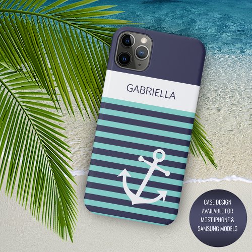 Custom Navy Dark Blue White Aqua Turquoise Stripes iPhone 11 Pro Max Case