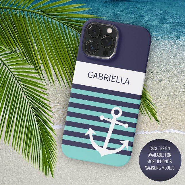 Custom Navy Dark Blue White Aqua Turquoise Stripes iPhone Case (Creator Uploaded)