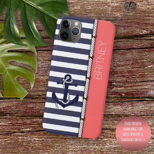 Custom Navy Dark Blue White Coral Red Stripes iPhone 16 Pro Max Case