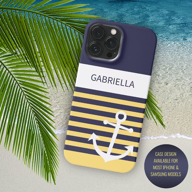 Custom Navy Dark Blue White Sunny Yellow Stripes iPhone Case (Creator Uploaded)