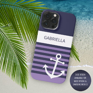 Custom Navy Dark Blue White Violet Purple Stripes iPhone 15 Pro Max Case