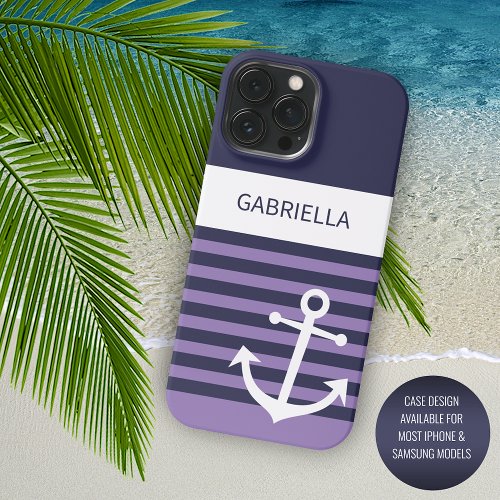 Custom Navy Dark Blue White Violet Purple Stripes iPhone 15 Pro Max Case