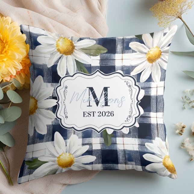 Custom Navy Gingham Daisy Monogram Throw Pillow (Creator Uploaded)