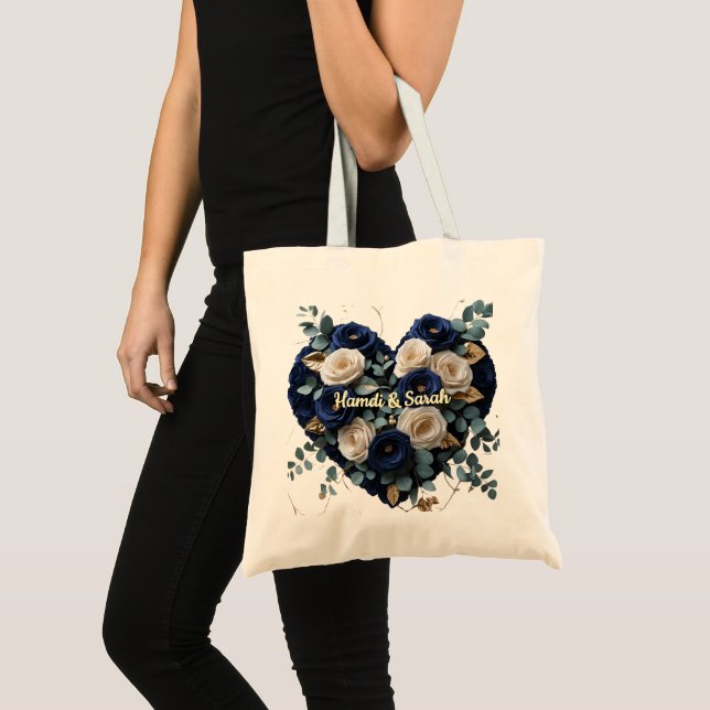 Custom Navy Gold Floral Monogram Budget Tote Bag (Front (Product))