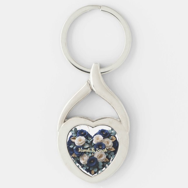 Custom Navy Gold Floral Monogram Heart Keychain (Front)