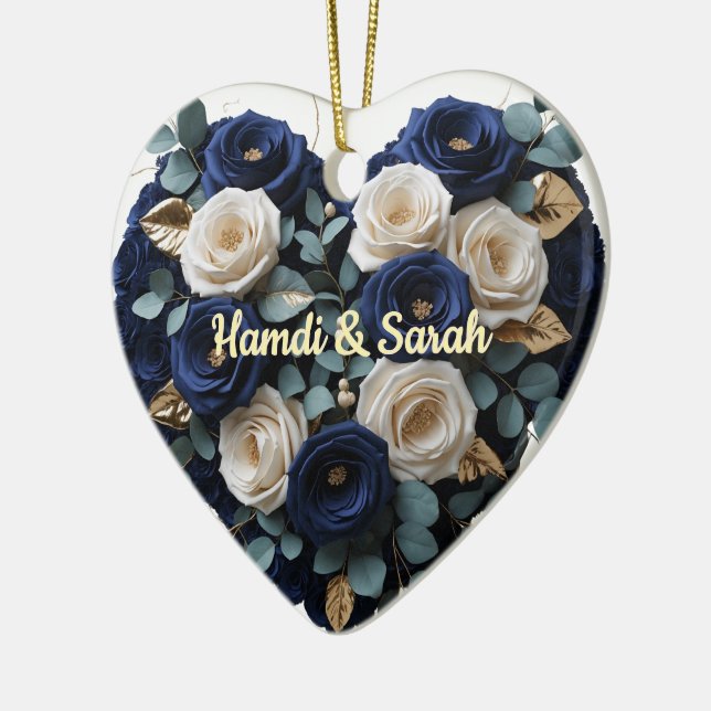 Custom Navy Gold Floral Monogram Heart Ornament (Left)