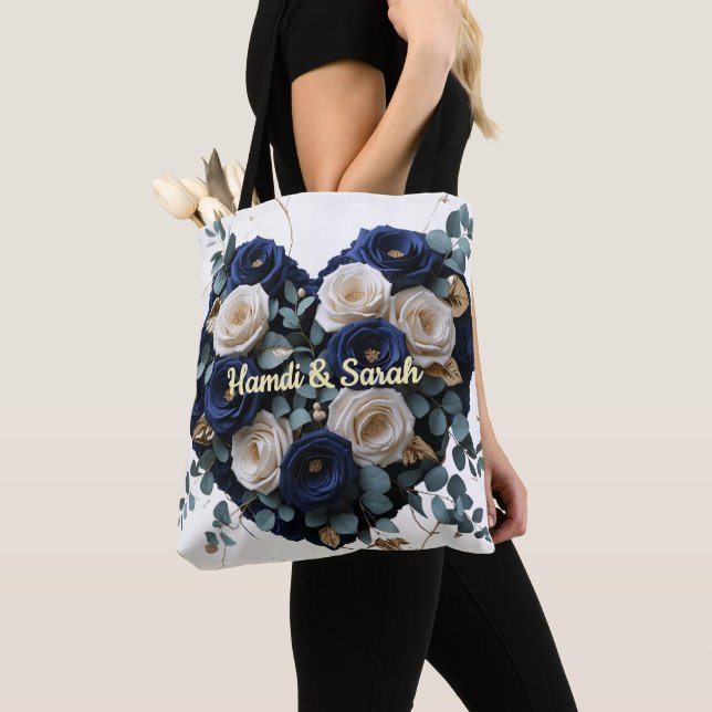 Custom Navy Gold Floral Monogram Heart Tote Bag (Close Up)