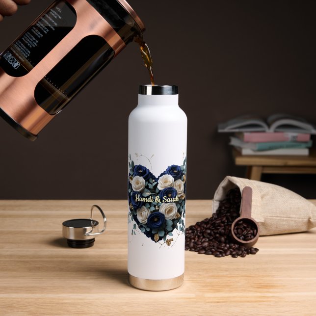 Custom Navy Gold Floral Monogram Water Bottle (Coffee (Rotated))