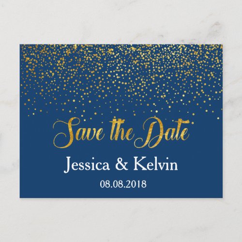 Custom Navy Gold Foil Confetti Save the Date Announcement Postcard
