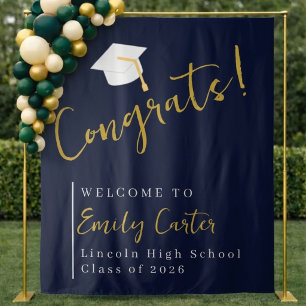 Custom Navy Gold Graduation Backdrop Class 2026