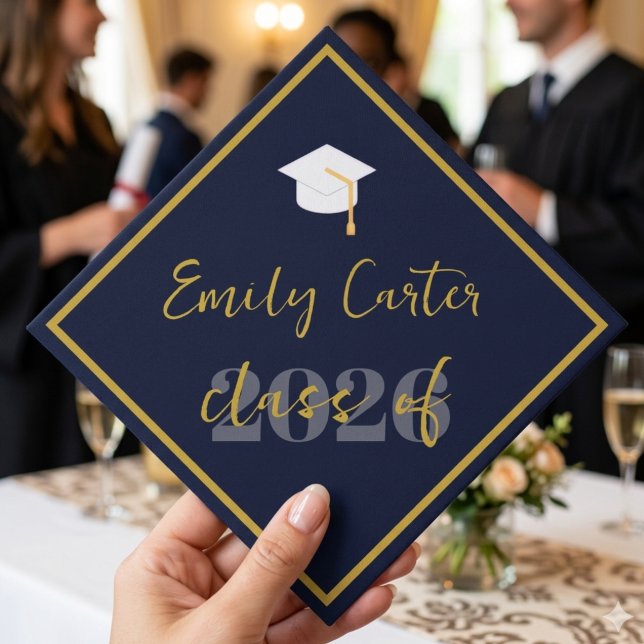 Custom Navy Gold Graduation Cap Topper 2026 (Creator Uploaded)