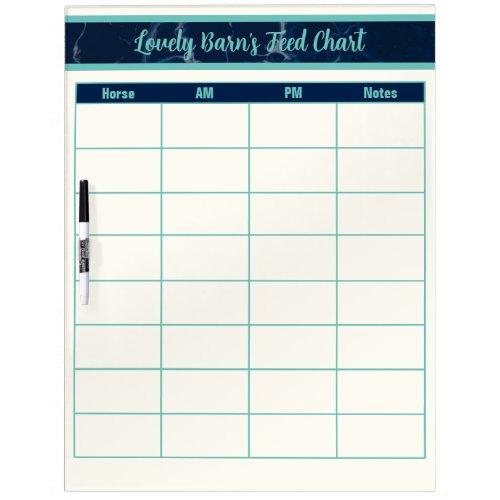 Custom Navy Marble  Turquoise Horse Feed Chart Dry Erase Board