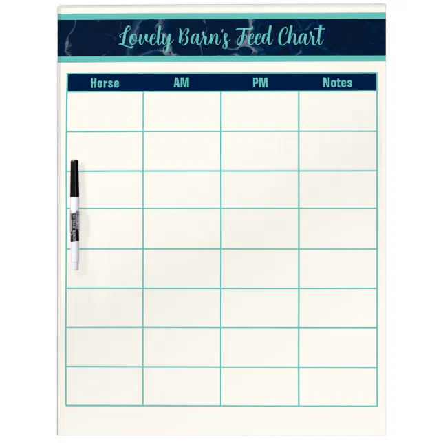 Custom Navy Marble + Turquoise Horse Feed Chart Dry Erase Board Zazzle