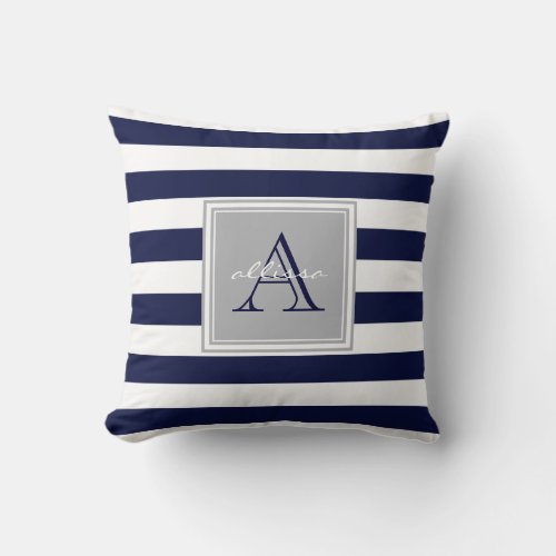CUSTOM Navy Monogrammed Awning Stripe Throw Pillow