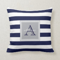 CUSTOM Navy Monogrammed Awning Stripe Throw Pillow