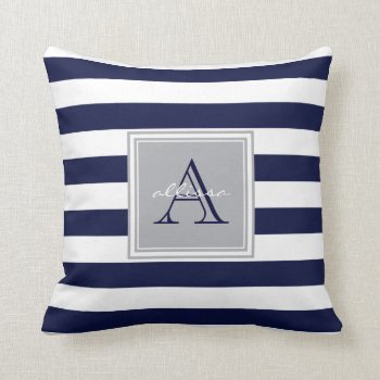 Custom Navy Monogrammed Awning Stripe Throw Pillow by Letsrendevoo at Zazzle