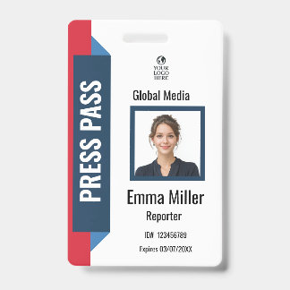 Custom Navy & Red Media Pass | Press ID  Badge