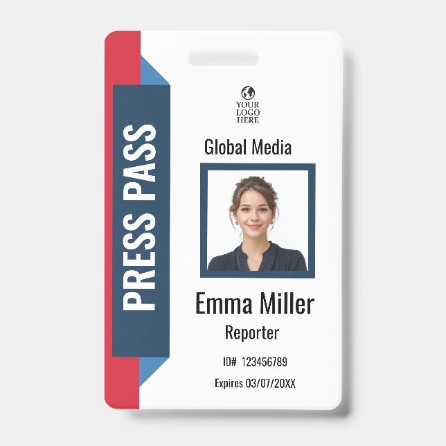 Custom Navy & Red Media Pass | Press ID  Badge (Front)