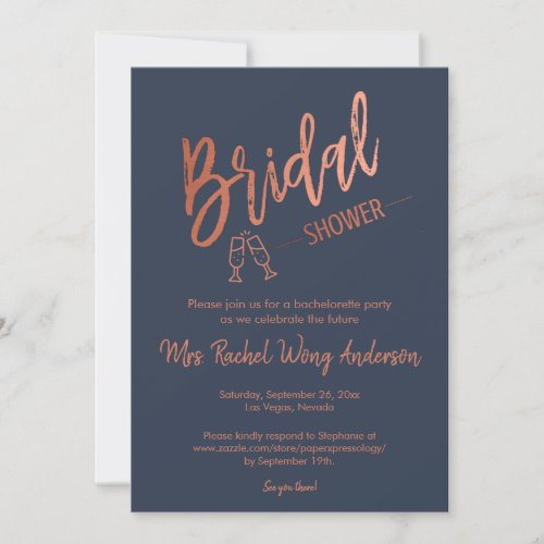 Custom Navy Simple Script Rose Gold Bridal Shower Invitation