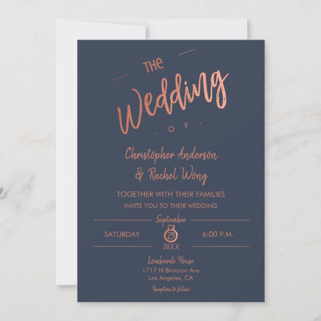 Custom Navy Simple Script Rose Gold Foil Wedding Invitation (Front)