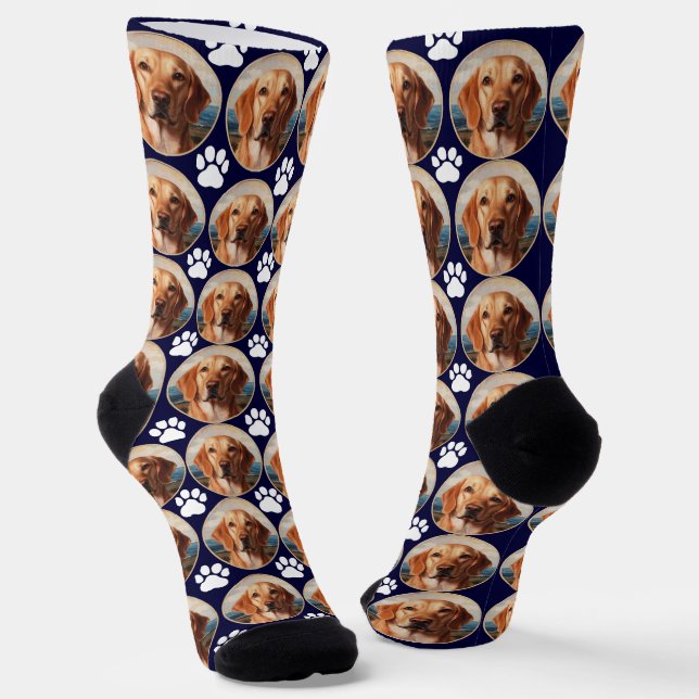 Custom navy socks with cute dog paw print (Angled)