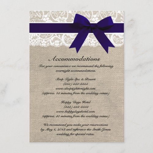 Custom Navy &amp; White Lace Accommodations Card