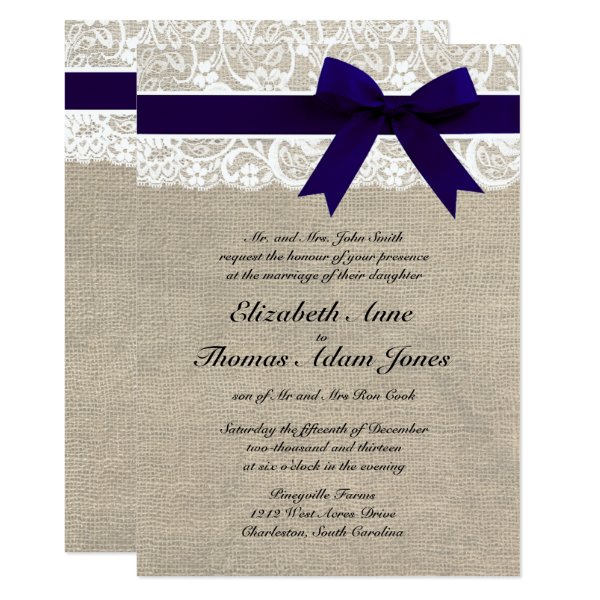 161607990941364030 Custom Navy & White Lace & Burlap Wedding Invite