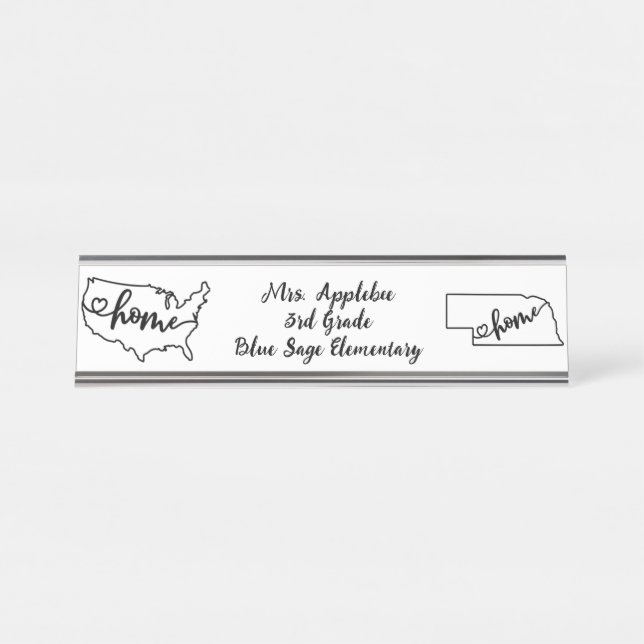 Custom Nebraska State US Home Line Art Desk Name Plate (Front)