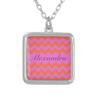 Custom Necklace, Magenta and Hot Orange Chevrons Silver Plated Necklace