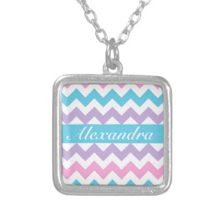 Custom Necklace, Turquoise, Pink, Mauve Chevrons Silver Plated Necklace