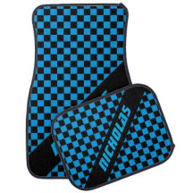 Custom Neon Blue Checkered Pattern Car Floor Mat
